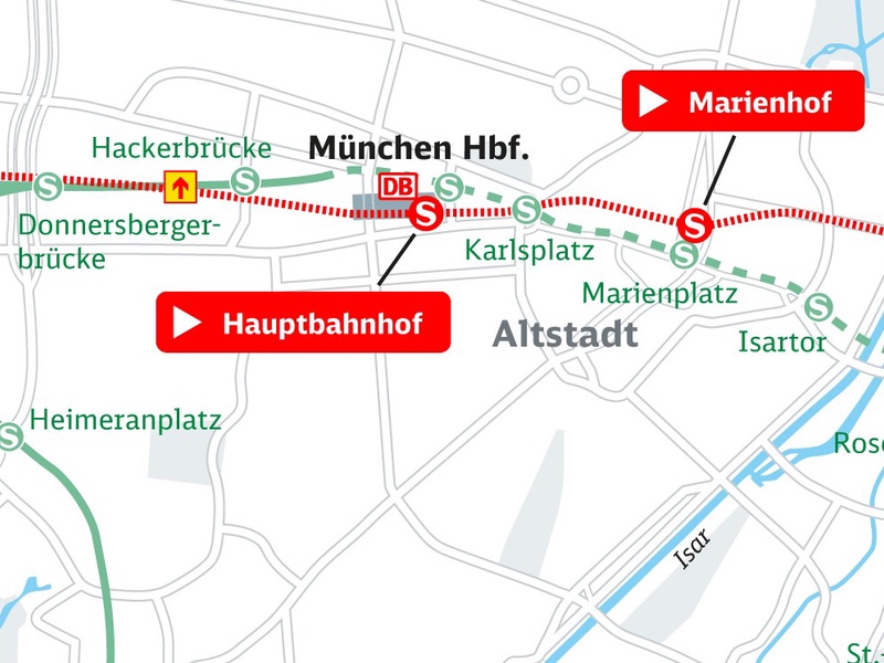 Stammstrecke map of the new Munich’s second core S-Bahn route (red line) and the existing S-Bahn (green line)