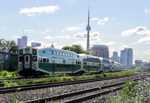A GO Transit train, serving the Georgetown line, travelling southeast to Union Station in Toronto, Canada.