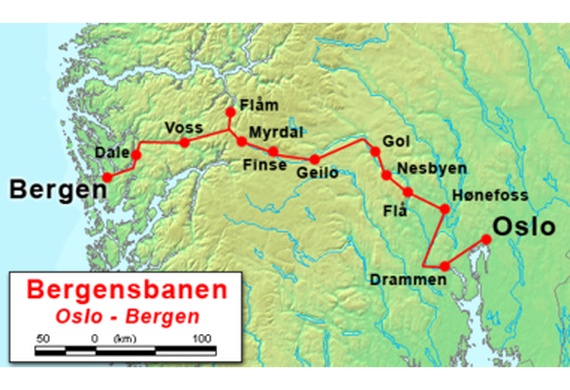 Bergen-Oslo train itinerary map
