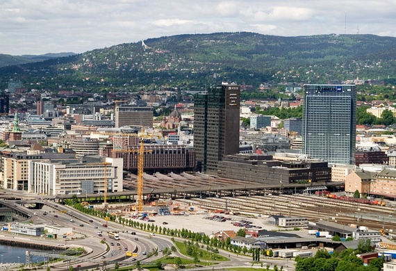 The Bjørvika area and Oslo Central Station seen from Ekeberg.