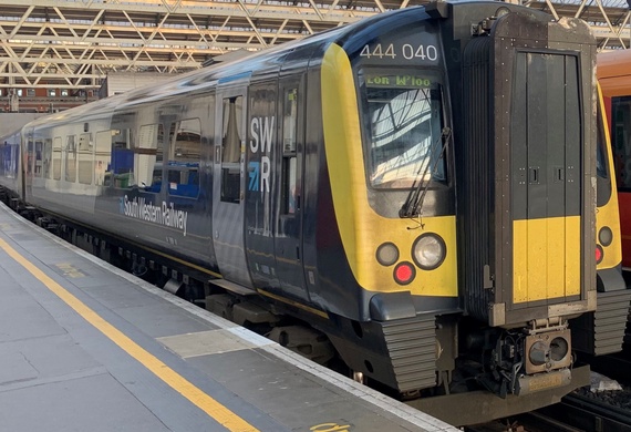 SWR's 444040 in SWR livery waits at London Waterloo to form a service to Weymouth via Southampton on 4th January 2019