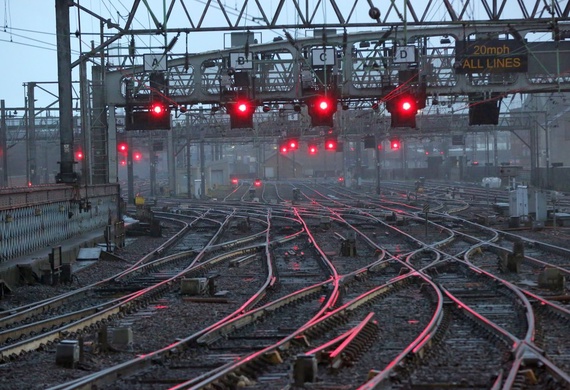 The railway tracks at the approach to a busy train station