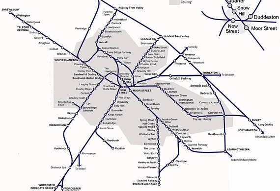 Map of passenger railways in the Birmingham & West Midlands area