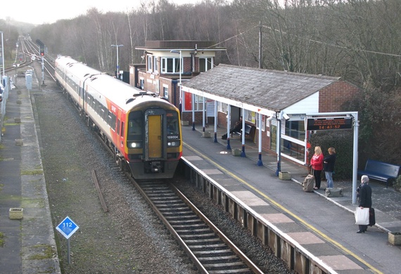 South West Trains' 159004 arrives at Templecombe station, Somerset, England, with a train from Exeter St Davids station to London Waterloo.